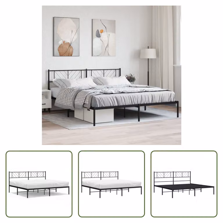 The Living Store Struttura letto con testiera in metallo nero 200x200 cm