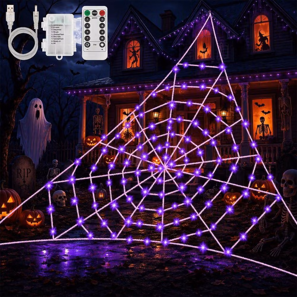 Catena luminosa a forma di ragnatela, 5x5 metri, 120 LED viola, decorazione per Halloween