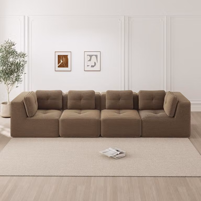 Divano modulare per soggiorno, color marrone, divano in tessuto corduroy a 4 posti, con seduta profonda e braccioli ampi, divano angolare senza elementi aggiuntivi, resistente ai graffi, dimensioni 386x104x69 cm