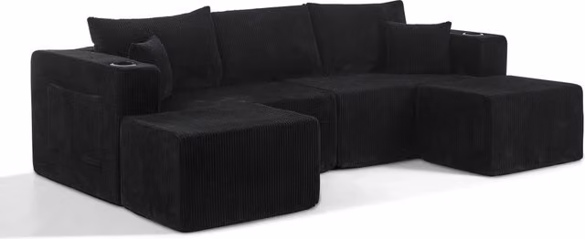 Divano angolare modulare a 3 posti in tessuto di corda beige con pouf mobili, portabicchieri e tasche laterali