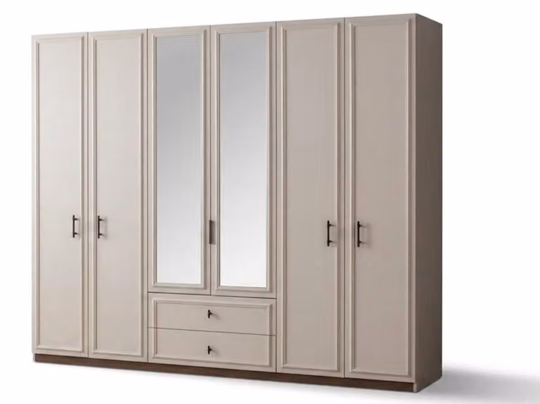 Armadio moderno a 6 ante, color beige, con specchio, design elegante