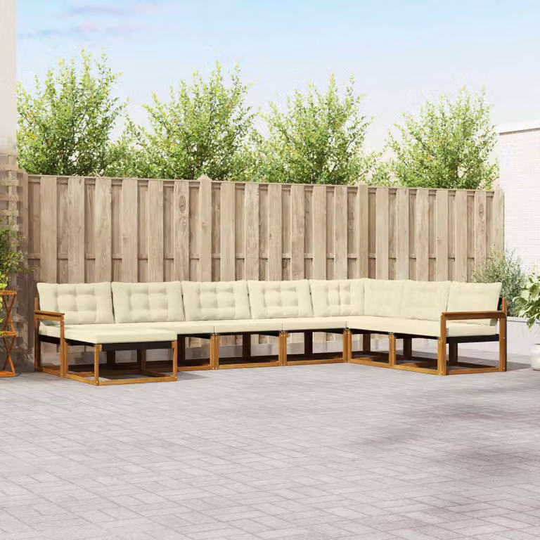 Set di divani da esterno vidaXL 8 pz in legno di acacia con cuscini beige e crema, composizione a L con pouf e coperture rimovibili