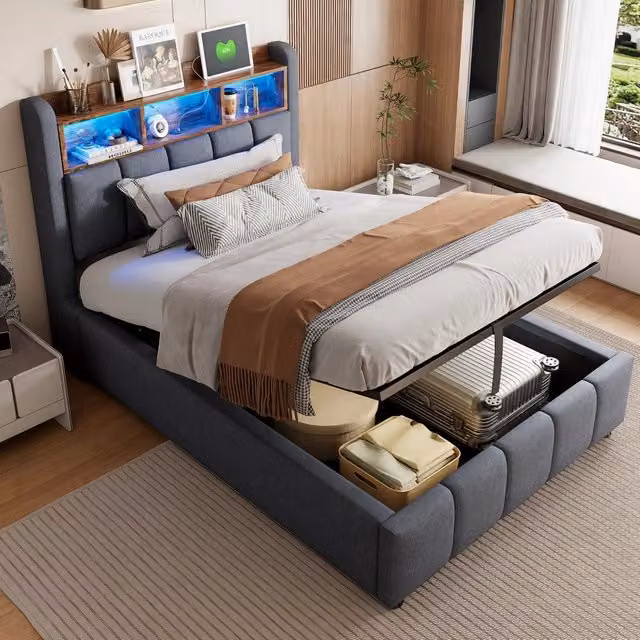 Letto singolo imbottito 90×200 cm con LED regolabili, USB e porta Type-C, vano contenitore, senza materasso, grigio