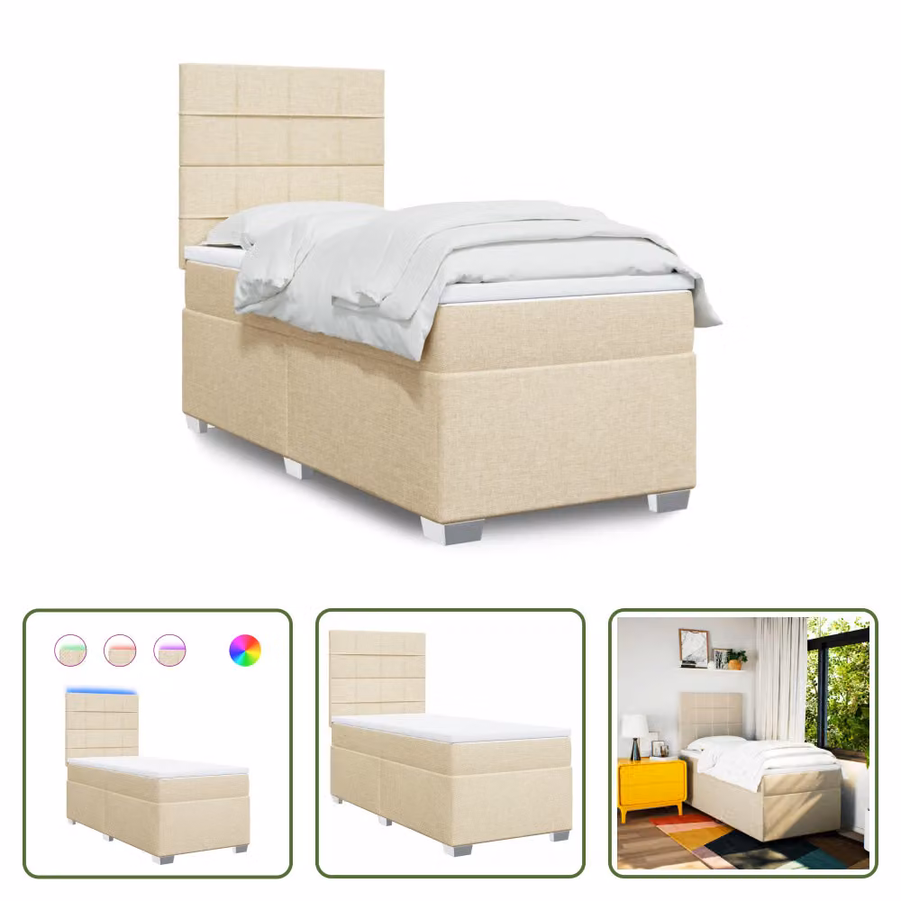 The Living Store Letto a molle con materasso crema 100x200 cm in tessuto