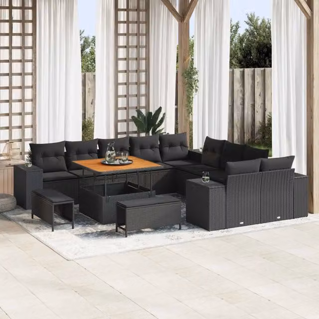 Set Divano da Giardino vidaXL a Forma di L in Polyrattan Nero con 13 Pezzi, Tavolino e Cuscini Inclusi – 1
