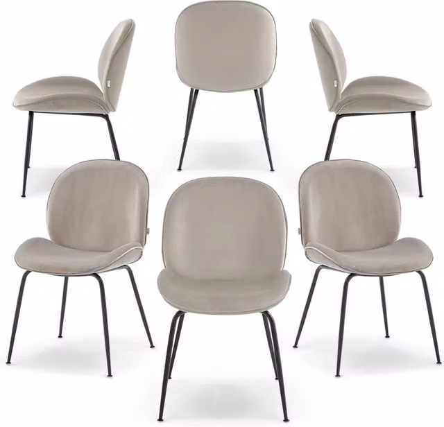 Set 6 sedie imbottite per sala da pranzo VITTORIA, design moderno, gambe coniche robuste in metallo, rivestimento in tessuto idrorepellente morbido al tatto colore Tortora