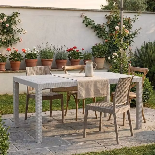 Tavolo da esterno rettangolare Adila DMORA effetto rattan bianco L: 150 cm, P: 90 cm, H: 74 cm