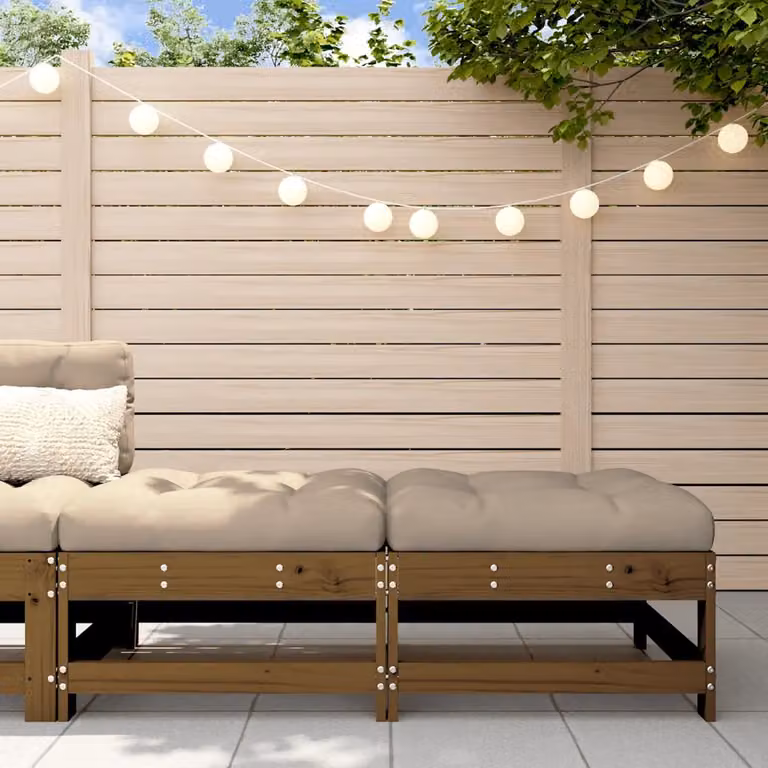 Set di 2 poggiapiedi da giardino vidaXL in legno di pino massello color ambra con cuscini beige
