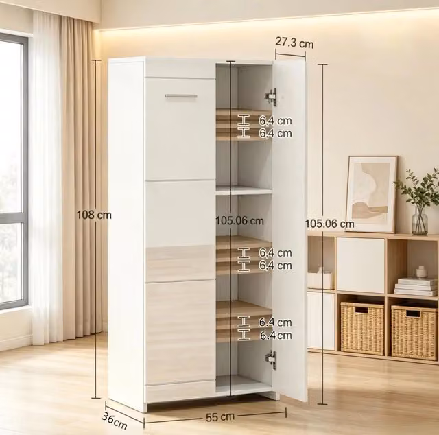 Scarpiera bianco lucido con 5 ripiani regolabili per 10 paia di scarpe, 55x36x108 cm