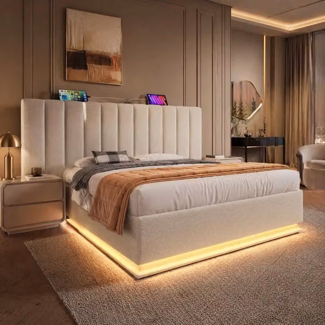 Letto matrimoniale contenitore 160x200 cm in lino beige con LED; USB e Type-C
