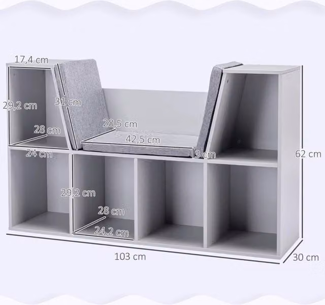Libreria per bambini WISHDOR con 6 scomparti e cuscini, grigia, L 103 x P 30 x H 62 cm