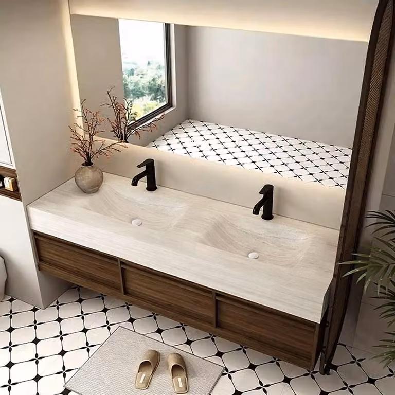 Lavabo in pietra sinterizzata Lavabo a doppia vasca Lavabo con due vasche Set da bagno con specchio a LED e mobile 150*55 cm【RW3318-150 K】