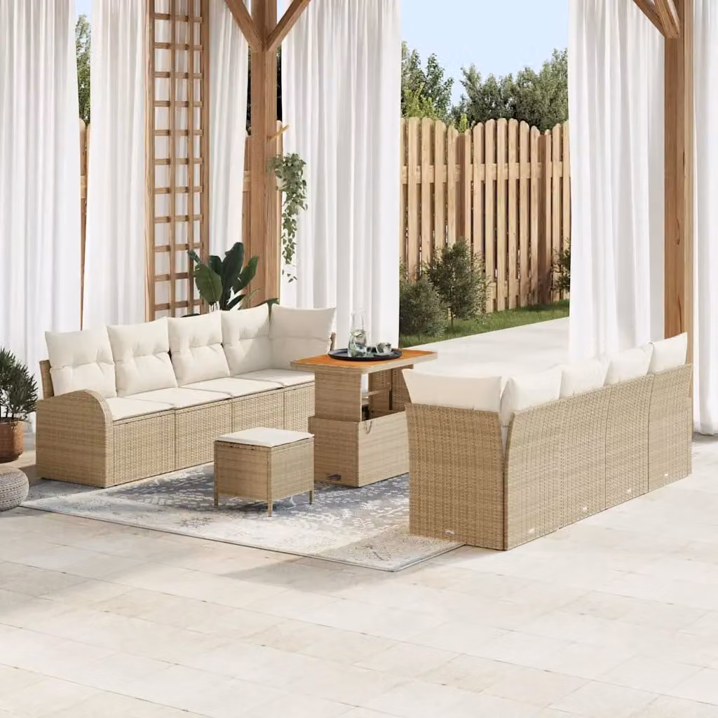vidaXL Set Divano da Giardino 11 pz Beige con Cuscini e Tavolino in Polyrattan e Acciaio – 1