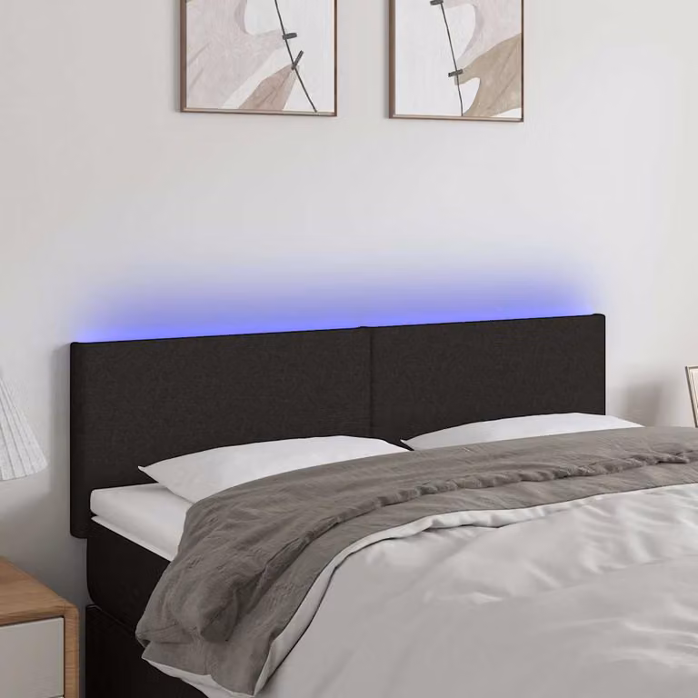 Testiera per letto vidaXL in tessuto nero con illuminazione LED e porta di ricarica USB, L 144 x P 5 x H 78/88 cm