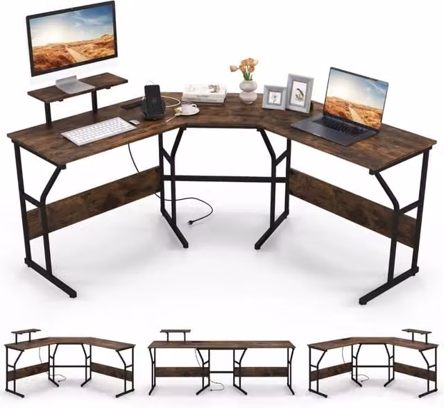 Scrivania ad angolo a forma di L con presa elettrica e supporto monitor mobile, Marrone Rustico, L: 225 cm