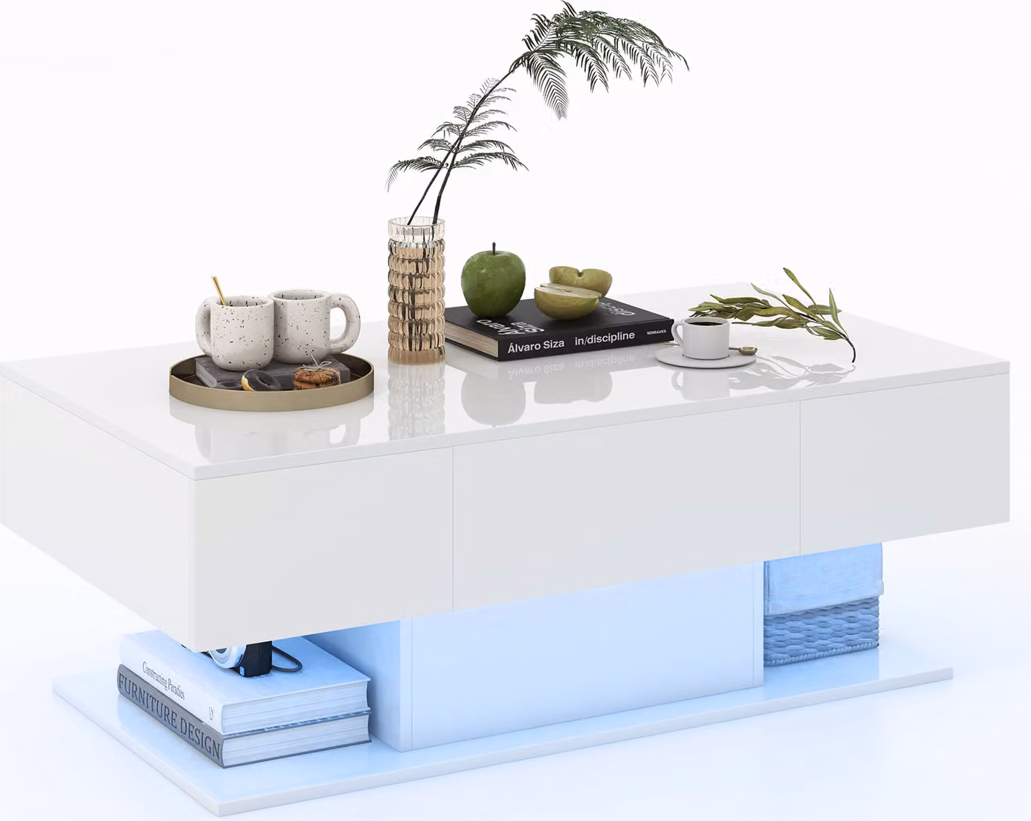 Tavolino COSTWAY con illuminazione LED a luminosità regolabile, tavolino da salotto con 2 cassetti, tavolino 110x60x40 cm bianco