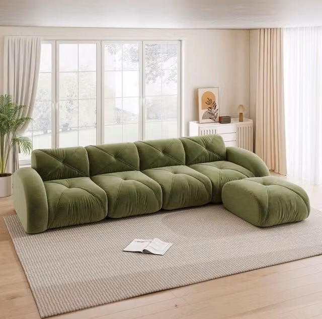 Divano modulare angolare in chenille verde 358x171x76 cm; design senza telaio