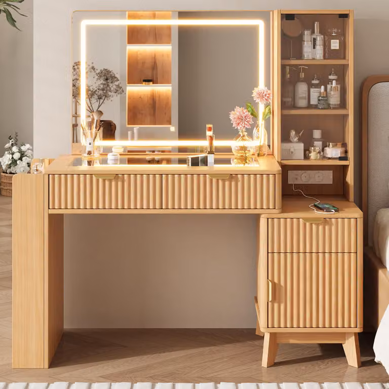Comò da trucco Merax con specchio a LED, 3 cassetti, ripiani in vetro, prese USB e di tipo C, vano armadietto, tavolino da trucco, comò per il trucco, finitura naturale