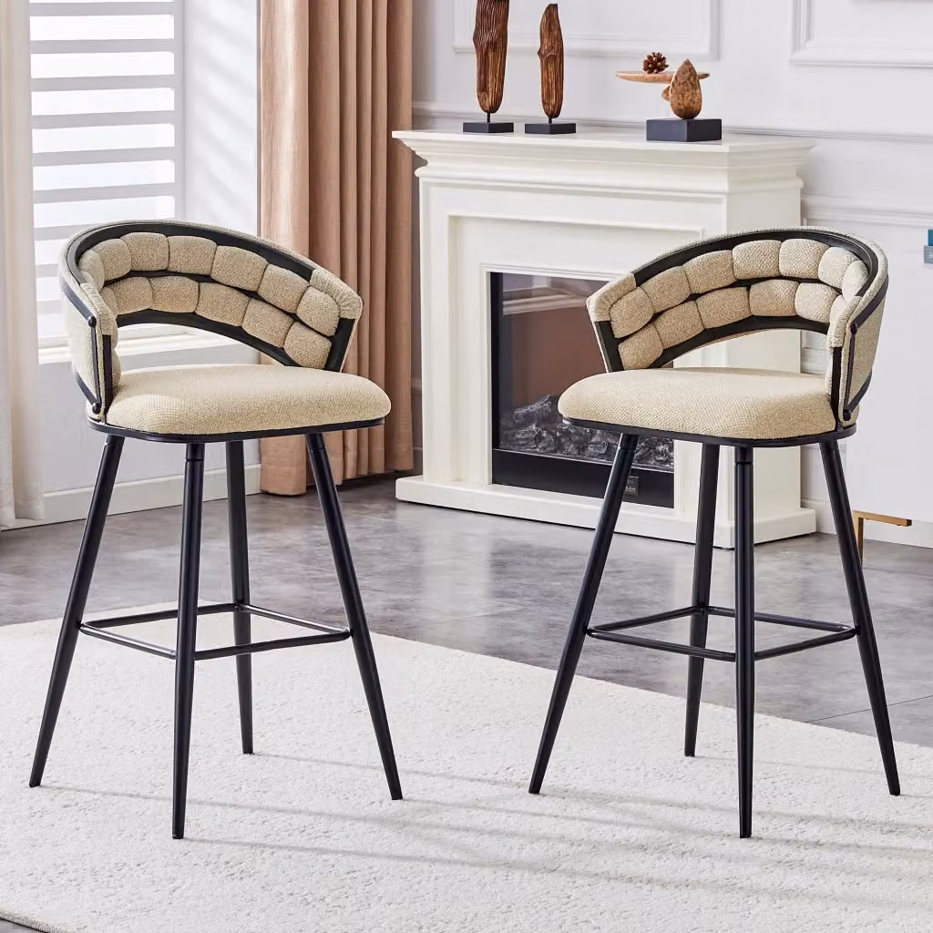 Set di 2 Sgabelli da Bar MINIMAL in Velluto Beige con Gambe in Metallo Nero – 2