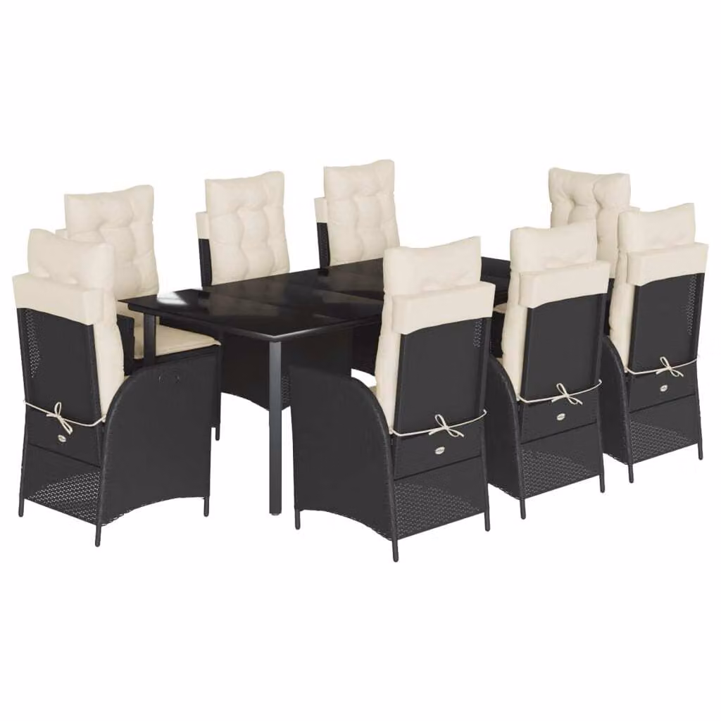 Set da Pranzo da Giardino 9 pz con Cuscini Nero in Polyrattan