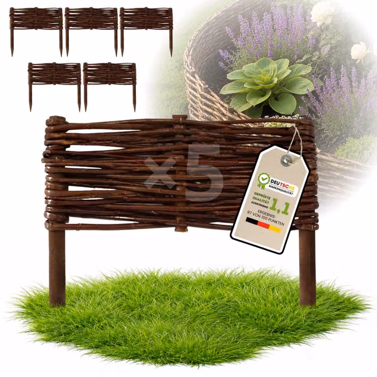 Floranica 5 pezzi Recinzione in vimini 10 cm x 30 cm – Staccionata da giardino intrecciata Palizzata Recinzione naturale Bordo aiuola