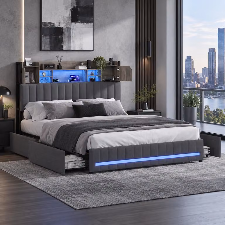 Letto imbottito INONEFT, 140x200 cm, con LED e USB, 4 cassetti, letto per ragazzi con testiera chiusa e spazio contenitivo, struttura del letto con rete a doghe, colore grigio lino