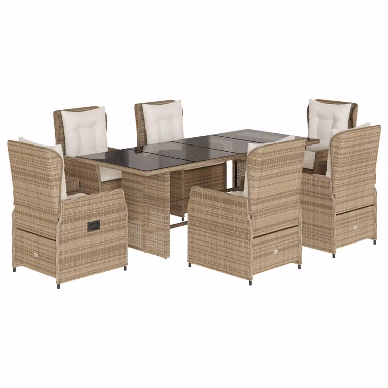 Set da Pranzo da Giardino 7 pz con Cuscini Beige in Polyrattan