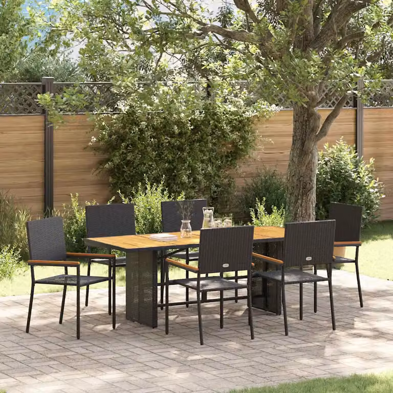 Set da pranzo per giardino e terrazza vidaXL in polyrattan nero e marrone con tavolo in vetro e legno di acacia, 7 pezzi