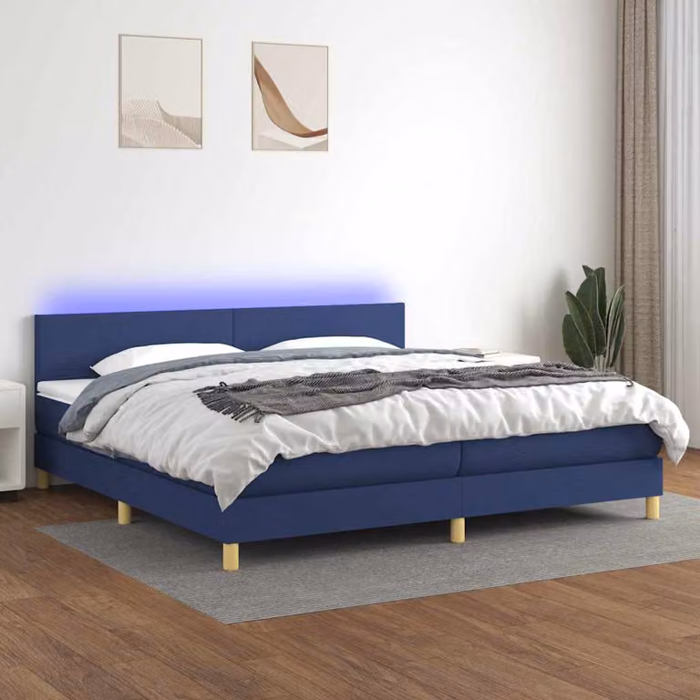 Letto a molle vidaXL con materasso, illuminazione LED sottostante e porta USB, rivestimento in tessuto blu e bianco, L/P: 200 x 200 cm