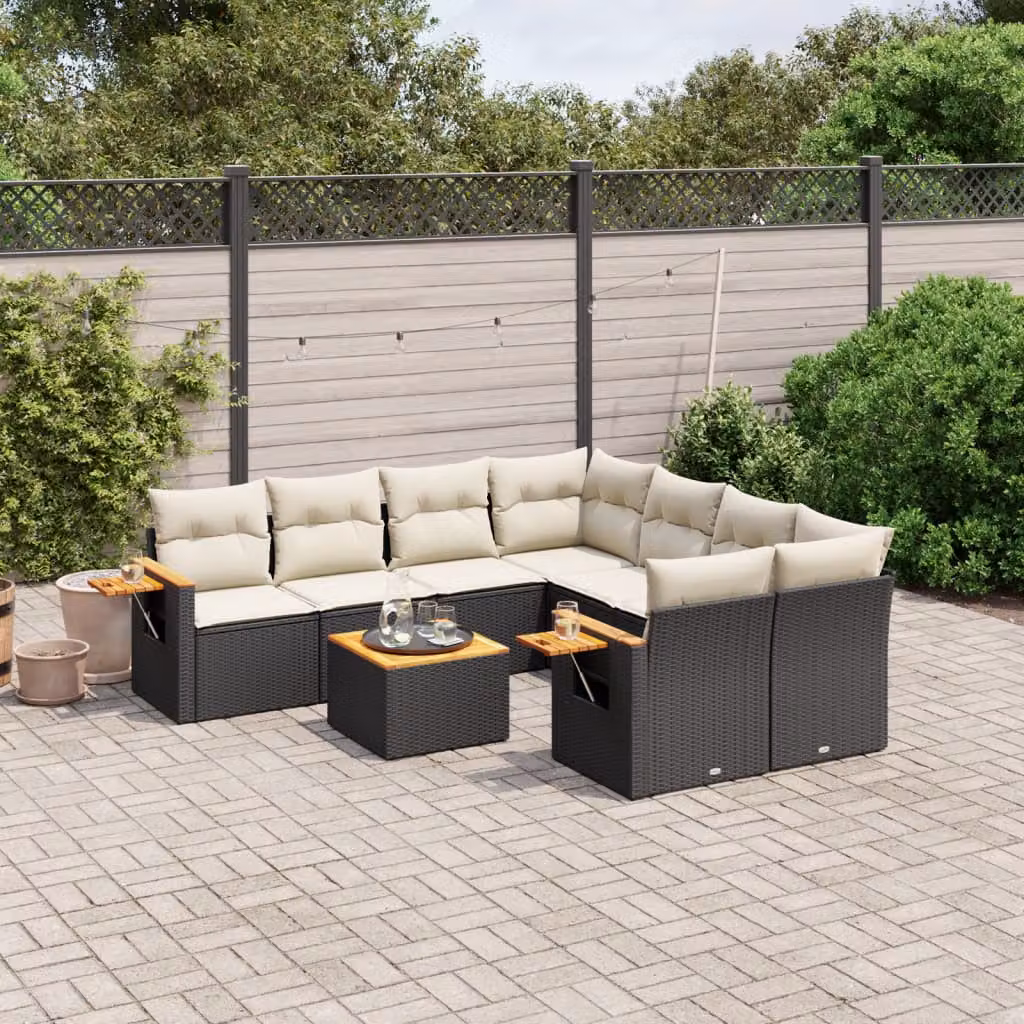 Set di divani da giardino vidaXL in polyrattan nero con cuscini e tavolino da esterno – 1