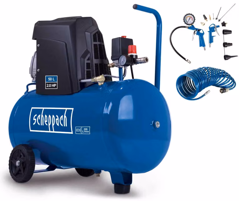 Compressore Scheppach HC63 con tubo flessibile per aria compressa da 10 m e set di accessori da 13 pezzi | 10 bar | 1500 W | serbatoio da 50 L | capacità di aspirazione 173 L/min | lubrificato a olio