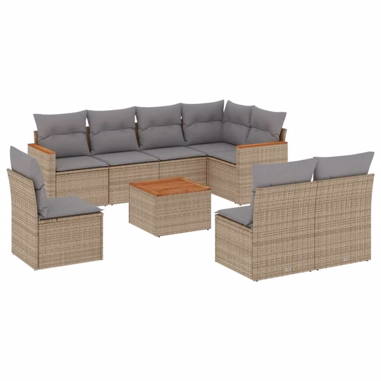 Set Divano da Giardino 9 pz con Cuscini Beige in Polyrattan