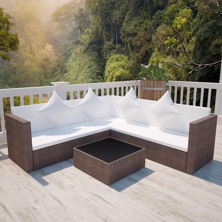 The Living Store Set salotto da giardino 4 pezzi con cuscini in poly rattan marrone