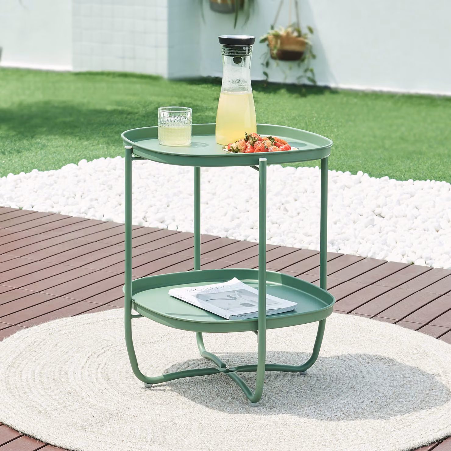 Tavolino 'Sandefjord' rettangolare con 2 vassoi estraibili in acciaio 57,5 x 46 x 46 cm Verde