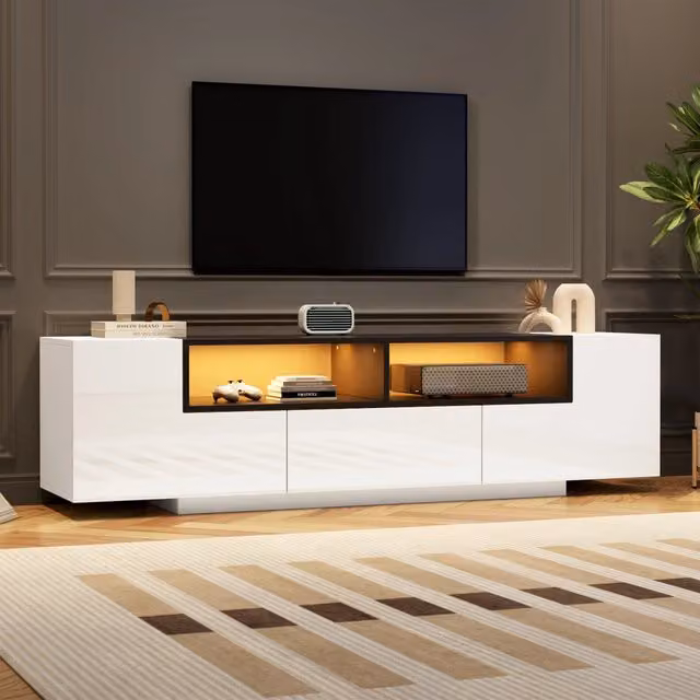 Mobile TV con LED Bluetooth controllato da app; 2 vani a L e cassetto in truciolare bianco 180 × 40 × 48 cm