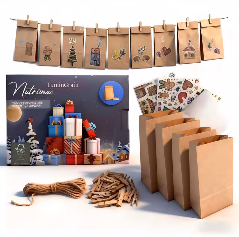 Calendario dell'Avvento da riempire: 24 casette di Natale tridimensionali pieghevoli, con elementi numerici e sistema di appensione
