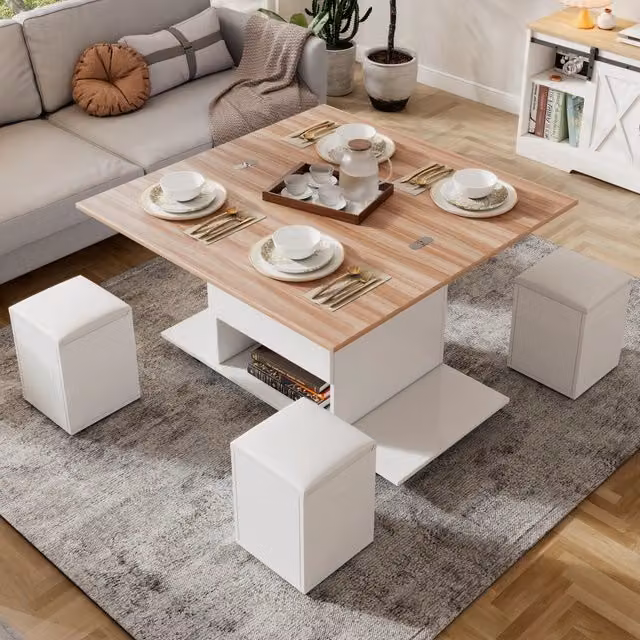 Tavolino da salotto alzabile multifunzione 3 in 1 bianco e legno con 4 pouf 100x100cm