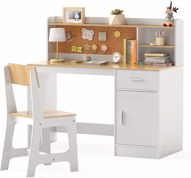 Set scrivania e sedia per bambini con mensole e cassetto, colore beige e bianco, ideale per camera da letto o asilo nido – 1