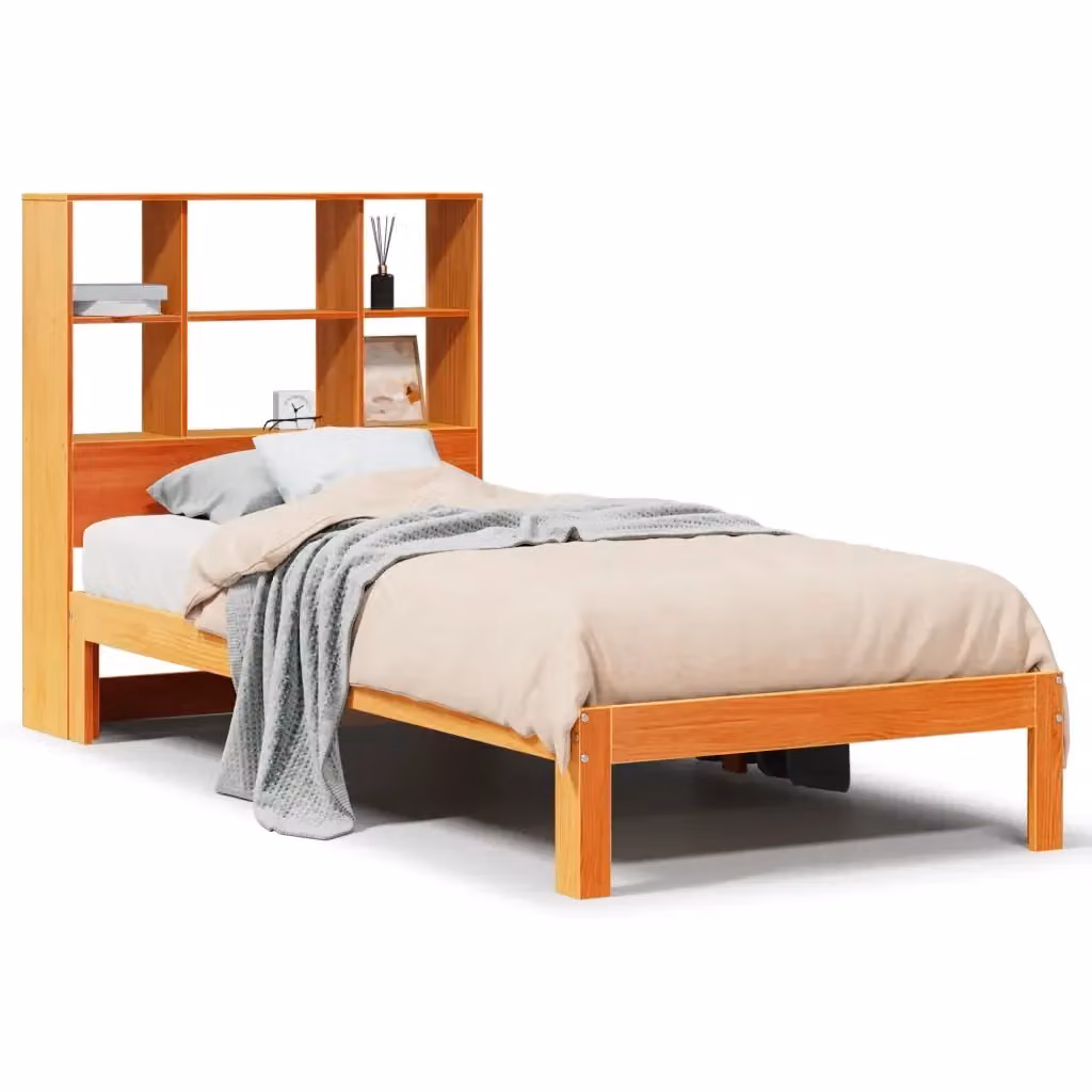 Letto Libreria vidaXL in Legno di Pino Massiccio Marrone Cera con Ripiani Laterali L/P/H: 190 x 75 x 110 cm – 2