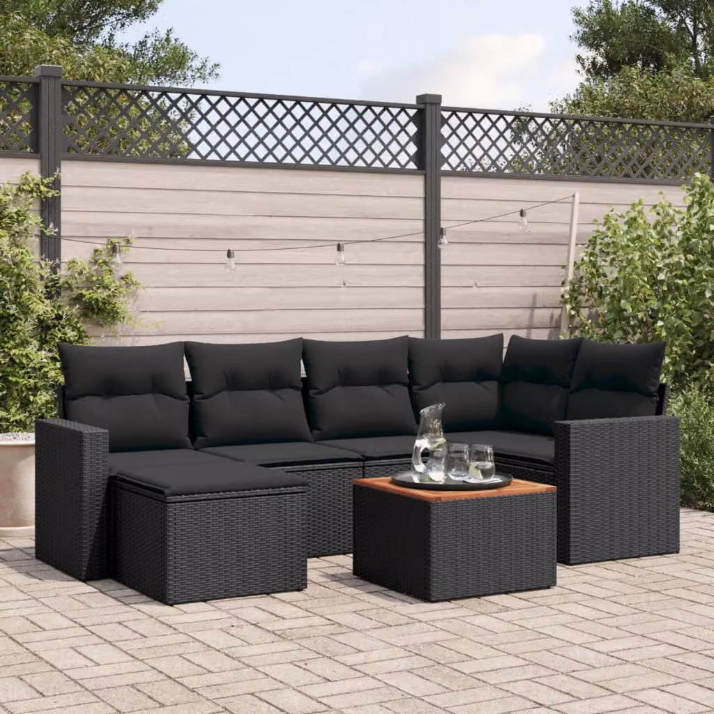 Set di Divani da Giardino vidaXL a Forma di L con 7 Pezzi in Polyrattan Nero e Cuscini Imbottiti – 1