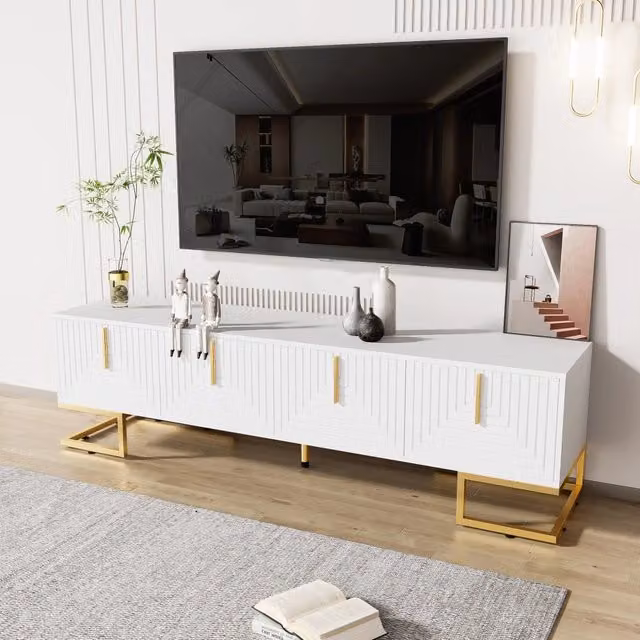 Mobile porta TV con 4 ante e ripiani interni gambe regolabili finitura bianca per soggiorno 170 × 40 × 45,5 cm