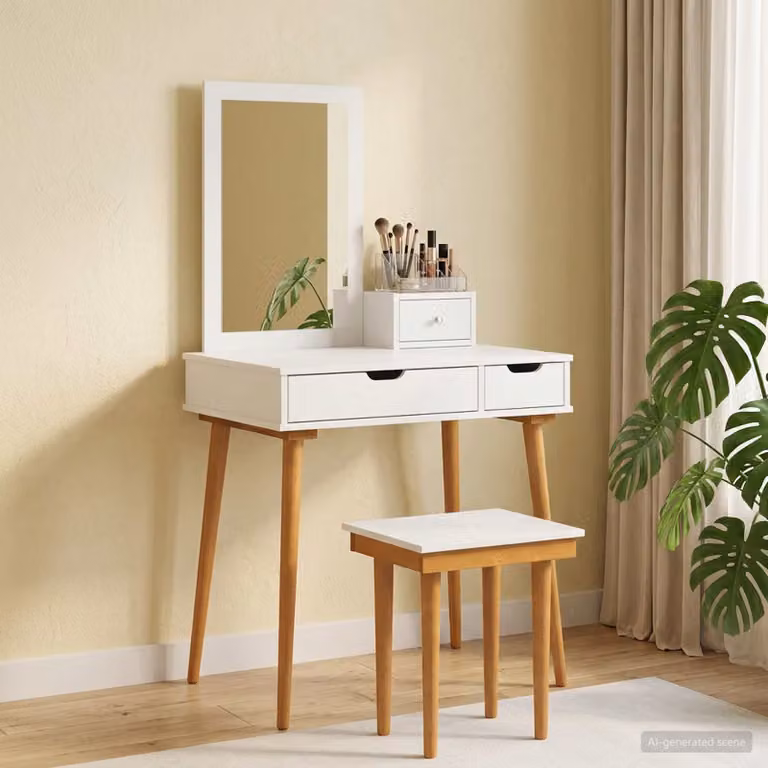 Set Tavolo da Trucco vidaXL FAUSKE 4 pz Bianco L/P/H: 76 x 50 x 143 cm