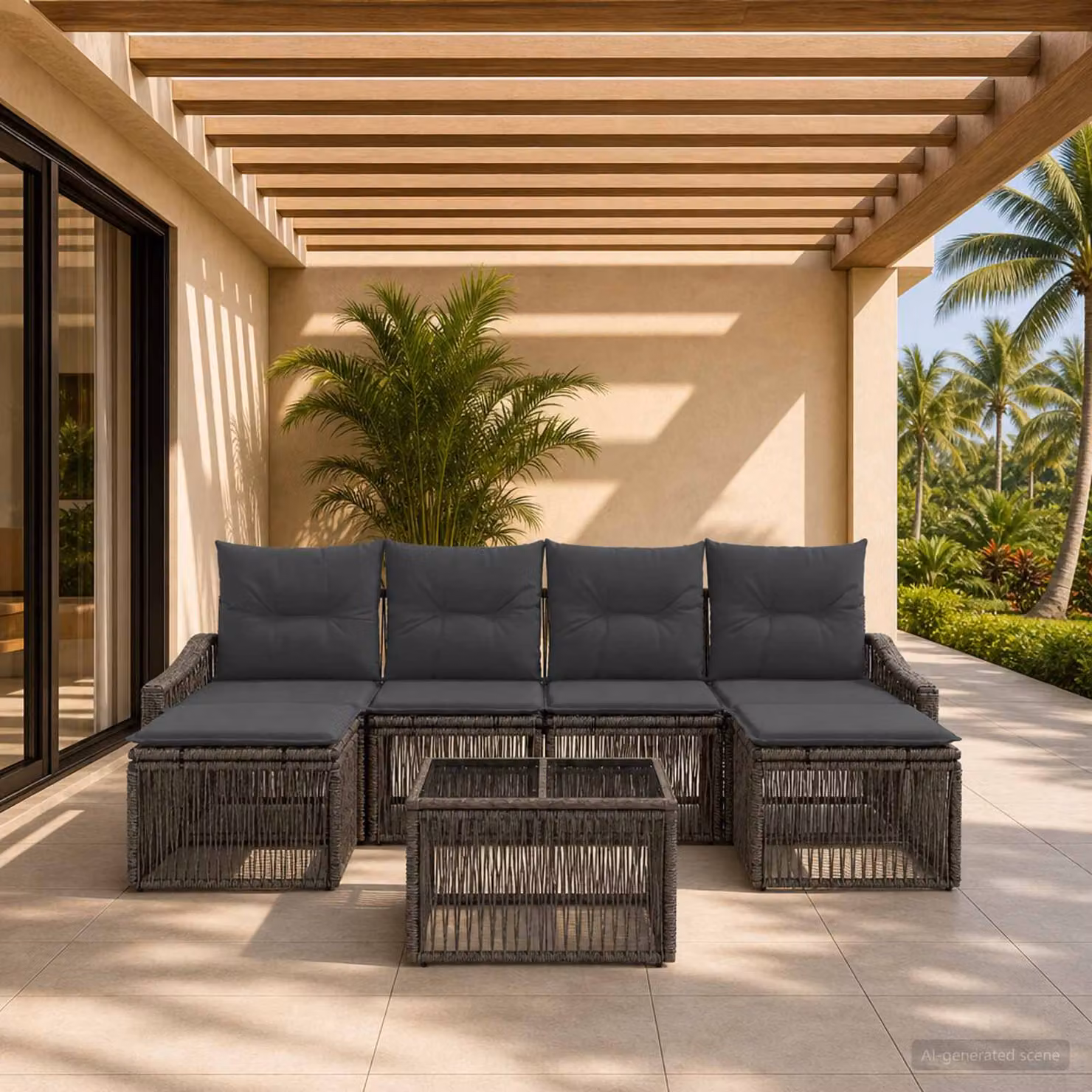 Set Divano da Giardino vidaXL 7 pz Grigio con Poltrona, Tavolino e Pouf in Polyrattan e Acciaio