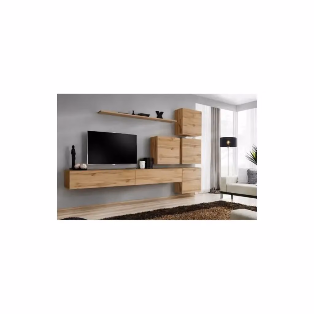 Composizione murale SWITCH IX Meublorama mobile TV sospeso in rovere Wotan marrone L: 310 cm, H: 40 cm, P: 200 cm – 2