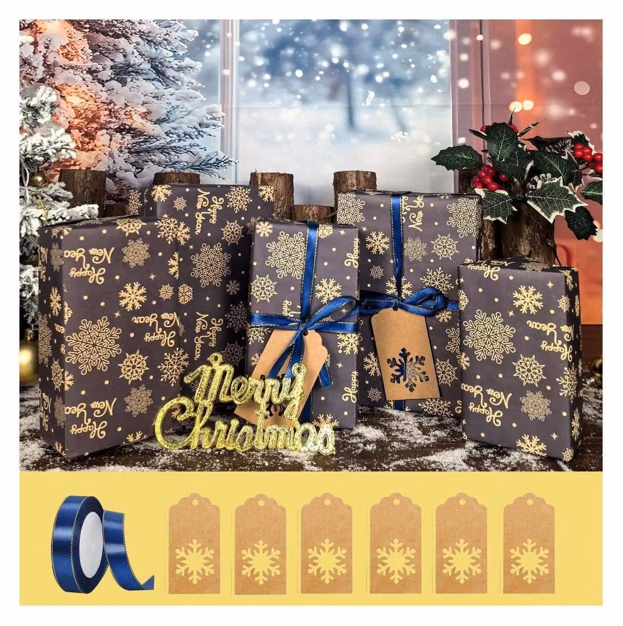 Carta da regalo natalizia con motivo a fiocchi di neve, 6 fogli con nastro e decorazioni, dimensioni 70x50 cm, carta kraft riciclata da 80 g/m²