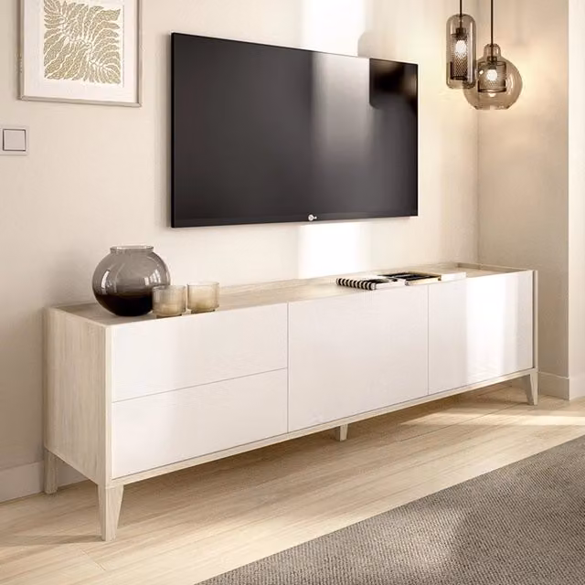 Waynes Mobile Porta TV Moderno con 2 Cassetti Bianco e Rovere, L/P/H: 129 x 39 x 50 cm – 1