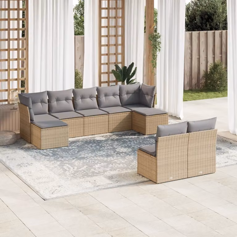 vidaXL Set Divano da Giardino 9 pz a L in Polyrattan con Cuscini Beige e Grigio