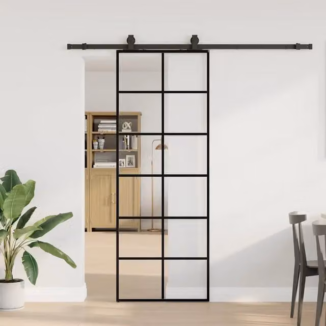 Porta Scorrevole Moderna vidaXL in Vetro Trasparente con Telaio in Alluminio e Ferramenta Nera L: 76 cm, H: 205 cm – 1