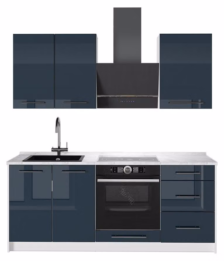 Cucina monoblocco Vicco Fame-Line Blu scuro lucido/Bianco 190 cm, PL Marmo, Model 64918