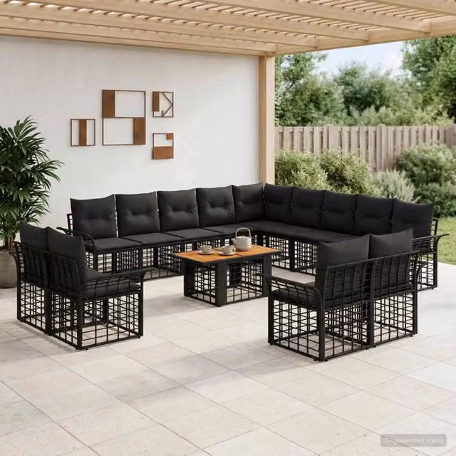 Set Divano da Giardino Moderno vidaXL in Polyrattan Nero e Grigio con Tavolino e Cuscini